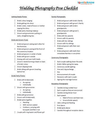 Your wedding photography shot list are great for organizing your gotta have photos. Wedding Photography Checklist