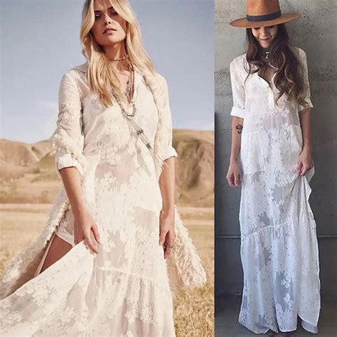 White Boho Long Beach Dress 2018 High Split Vintage Maxi Bohemian Dress Sexy Seethrough Long