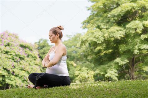 Pregnant Woman Mother Belly Relaxing Park Yoga Prayer Stock Photo