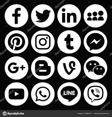 Collection Of Popular Round White Social Media Icons Stock Editorial