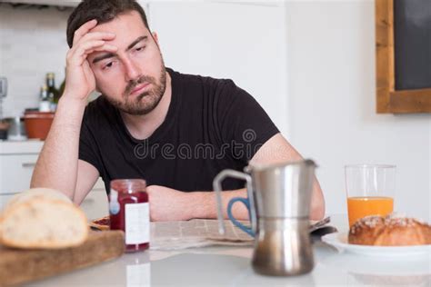Tired Man Feeling Bad During The Morning Breakfast Stock Image Image