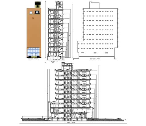 Drawing Of The Hotel Building With Elevation And Section In Autocad
