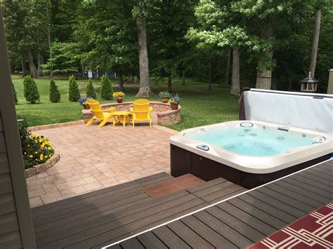 Deck With Hot Tub Paver Patio Fire Pit And Sitting Wall Hot Tub