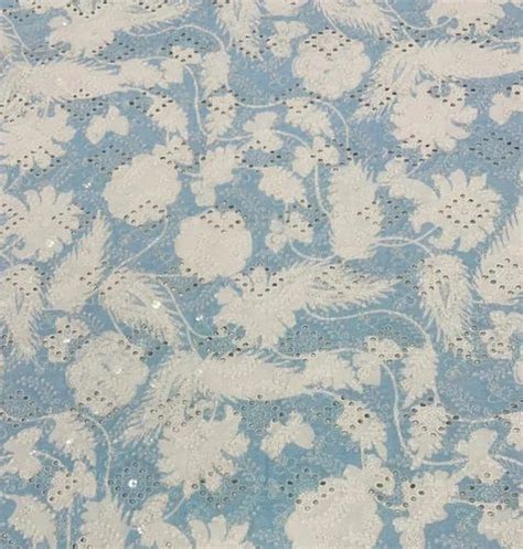 Sky Blue Floral Embroidered Hakoba Printed Cotton Fabric Cotton Cloth Cotton Material Fabric