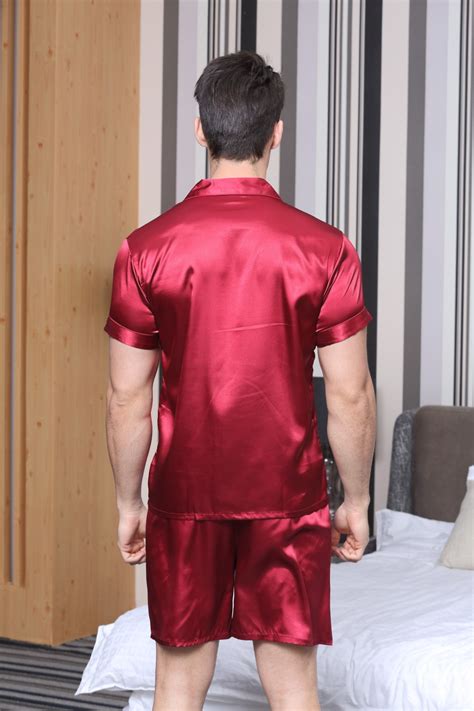 Tonyandcandice Silk Pajamas For Men Satin Silk Sleepwear Short Sleeves M