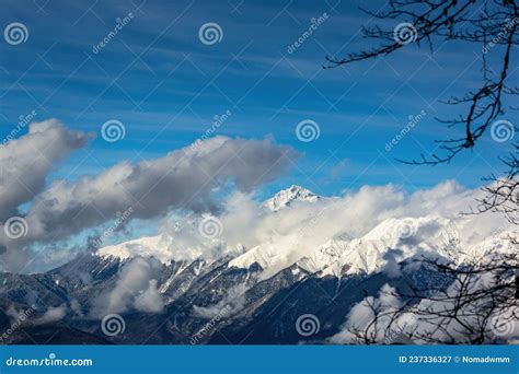 Snow Covered Mountain Ranges Covered With Coniferous Forests In The