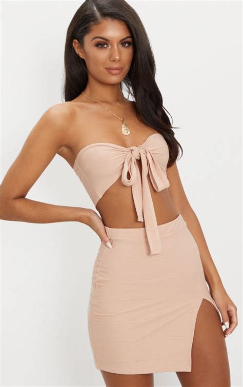 Nude Bandage Split Mini Skirt Two Piece Outfit Two Piece Skirt Set