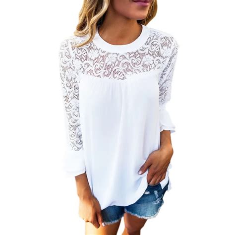 Round Neck Blouse Women Lace Blouses Shirts Elegant White Long Sleeve