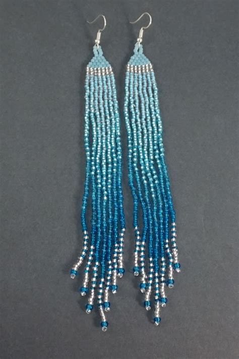 Light Blue Bohemian Earrings Extra Long Shoulder Seed Beaded Etsy