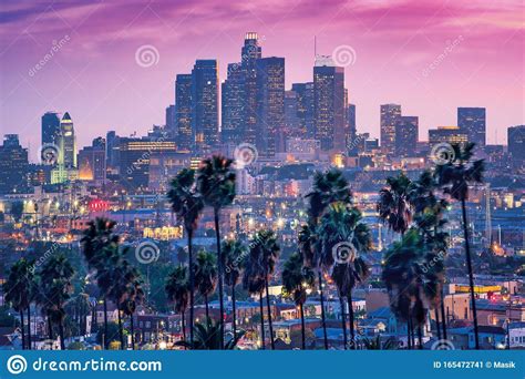 Amazing Sunset View With Palm Tree And Downtown Los Angeles California