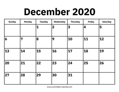 December 2020 Calendar A Printable Calendar