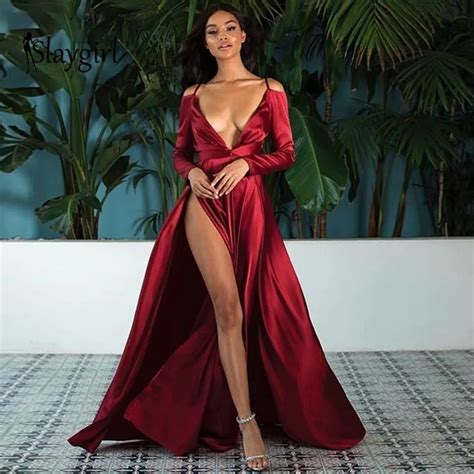 Slaygirl 2018 Maxi Sexy Dress Women Deep V Neck High Splits Elegant Dress Backless Red Satin