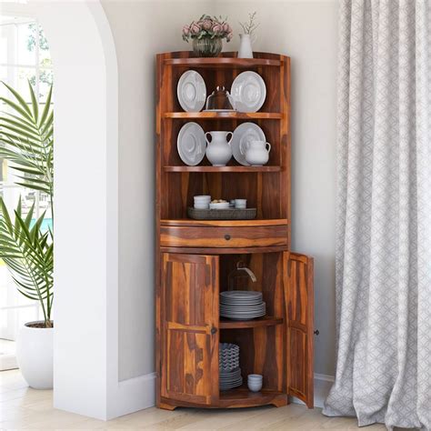 Appalachian Rustic Mango Wood Circular Corner Kitchen Cabinet