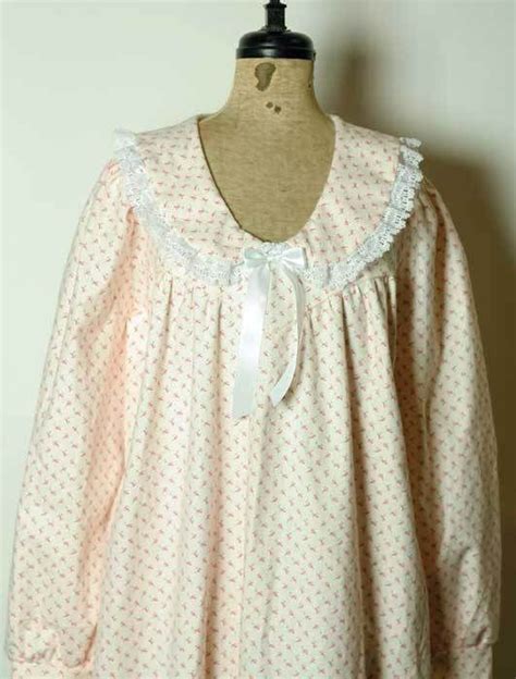 Rosebud Long Flannel Nightgown In Pale Pink Flower Print With White