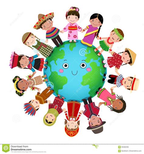 Multicultural Children Holding Hand Around The World Vector ...