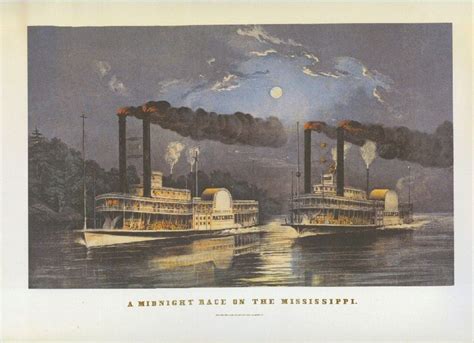 Currier And Ives Lithograph Print 1800s Steamboat Races On Mississippi
