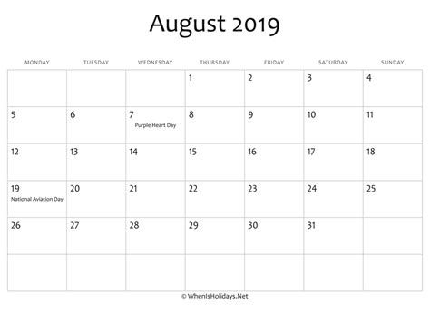 August 2019 Calendar Printable With Holidays Whenisholidaysnet