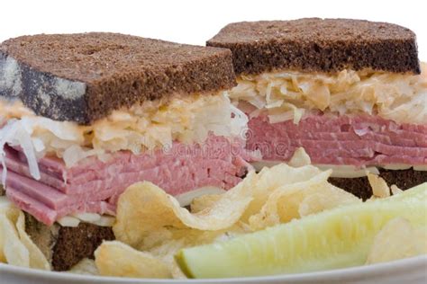 Reuben Sandwich Cut In Half Stock Photo Image Of Sauerkraut Crisps