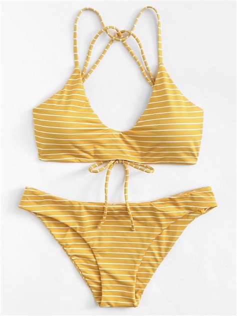 Striped Strappy Bikini Set Shein Sheinside Bikinis Bikini Swimsuits Summer Swim Suits