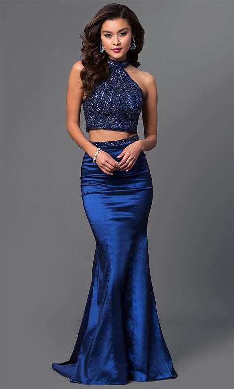 Navy Blue Two Piece Floor Length Prom Dress Promgirl