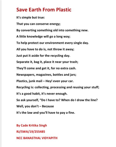 Poem On Save Earth From Plastic India Ncc