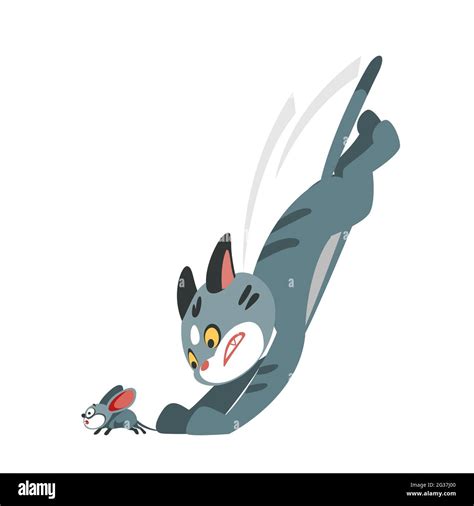 Cartoon Cat On The Hunt Caught A Small Mouse Vector Illustration Of A