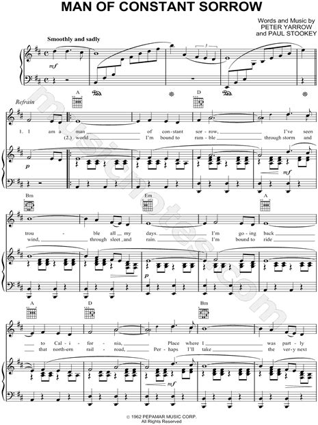 Peter Paul And Mary Man Of Constant Sorrow Sheet Music In D Major