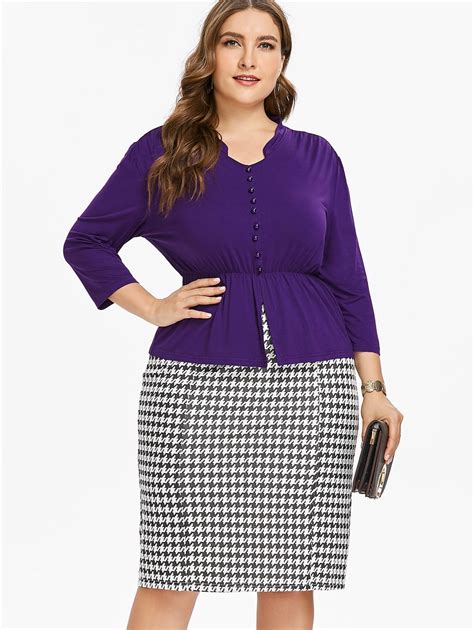 Wipalo Plus Size Button Insert Top And Houndstooth Print Dress Two Piece Dress Vintage Two Piece