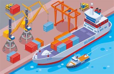 Free Vector Cargo Ship Loading In Port Cartoon Illustration