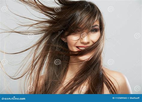 Woman Face With Hair Motion On White Background Isolated Stock Image