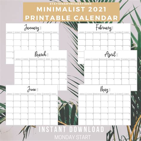 2021 Minimalist Printable Calendar Pdf A4 Simple Aesthetic Etsy