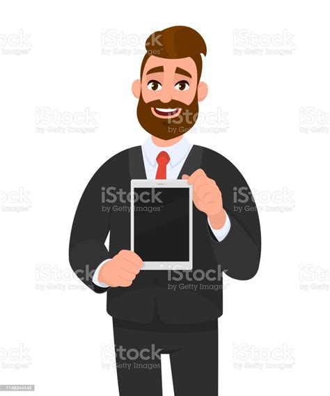 Positive Happy Young Bearded Business Man Showingholding Blank Screen
