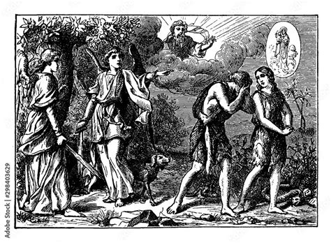 Vetor De Adam And Eve Are Punished And Cast Out Of The Garden Of Eden