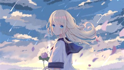 Blue Eyes Anime Girl Uniform White Clouds Blue Sky 4k Hd Anime Girl