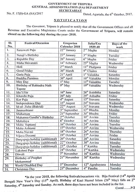 Tripura State Government Holiday List 2018