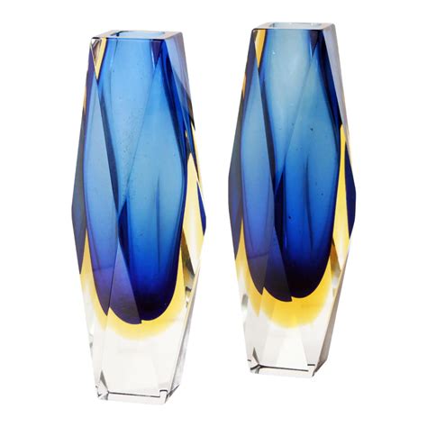 Vintage Murano Art Glass Seguso Blue And Amber Faceted Vases By Alessandro Mandruzzato A Pair