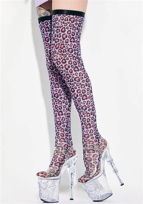 Current Mood Thigh High Mesh Cheetah Print Stockings Black Purple