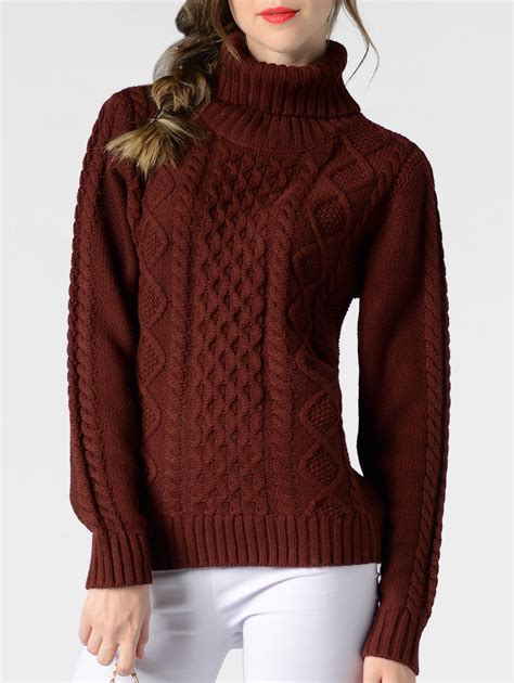 36 Off 2020 Turtleneck Cable Knit Solid Sweater In Red Wine Dresslily