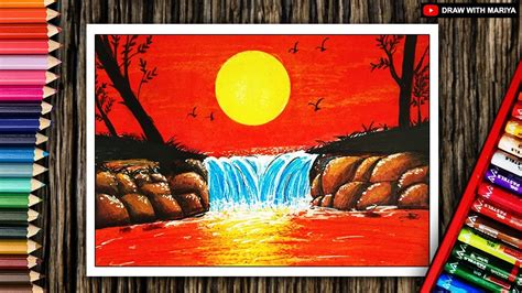 Sunset Waterfall Scenery Oil Pastel Drawing For Beginners Step By
