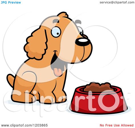 Cartoon Of A Cute Spaniel Puppy By A Bowl Of Dog Food