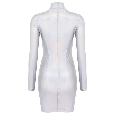 Womens Shiny Latex Dress Metallic Holographic High Neck Long Sleeves