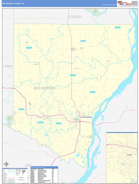 Des Moines County Ia Zip Code Wall Map Basic Style By Marketmaps