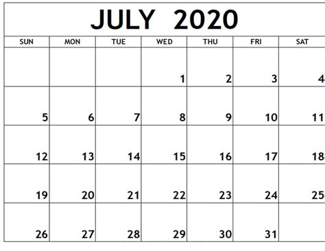Free Printable July 2020 Calendar Template In Editable Format