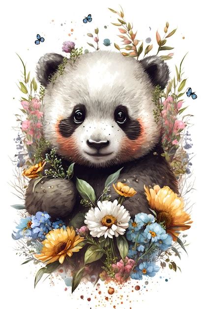 Premium Photo A Painting Of A Panda With Flowers And Butterflies