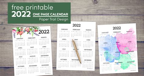 Calendar 2022 Printable One Page Paper Trail Design