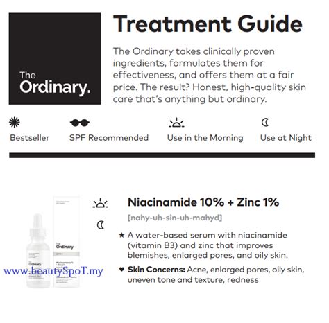 This treatment reduces the appearance of blemishes, redness, enlarged pores, uneven tone, and oily skin. The Ordinary Niacinamide 10% + Zinc 1% - Beautyspot ...