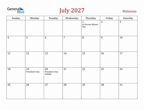 July 2027 Botswana Monthly Calendar With Holidays