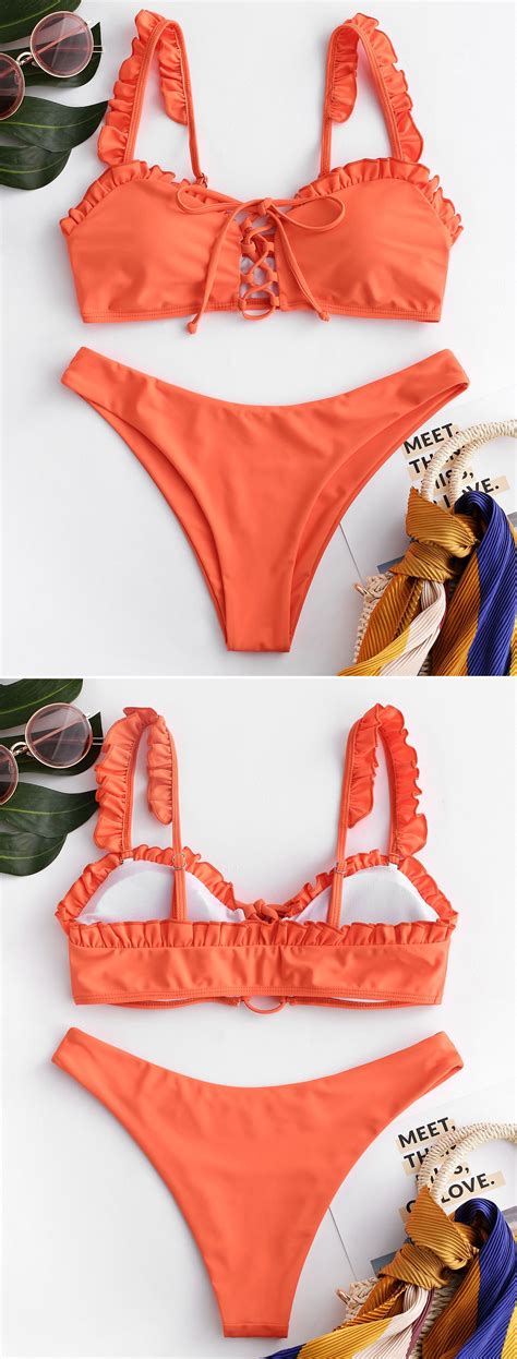 Zaful Frilled Lace Up Bikini Set Bikinis Bikini Set Bikini Types