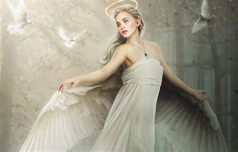 Wallpaper Girl Dove Blonde Angel Style Girl Dress Wings Pigeons