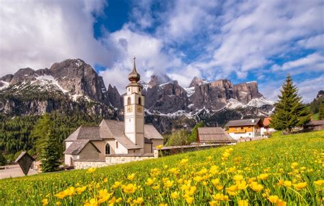Wallpaper Flowers Dolomites Italy Mountains Church